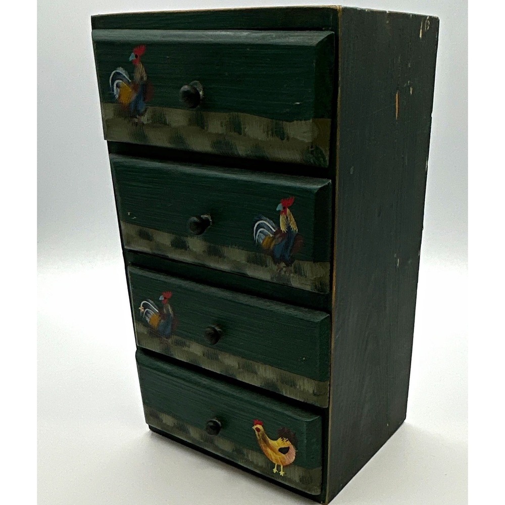 Vtg Wooden Mini Spice Chest 4 Drawer Hand Painted Rooster Country Kitchen 9”x5.5